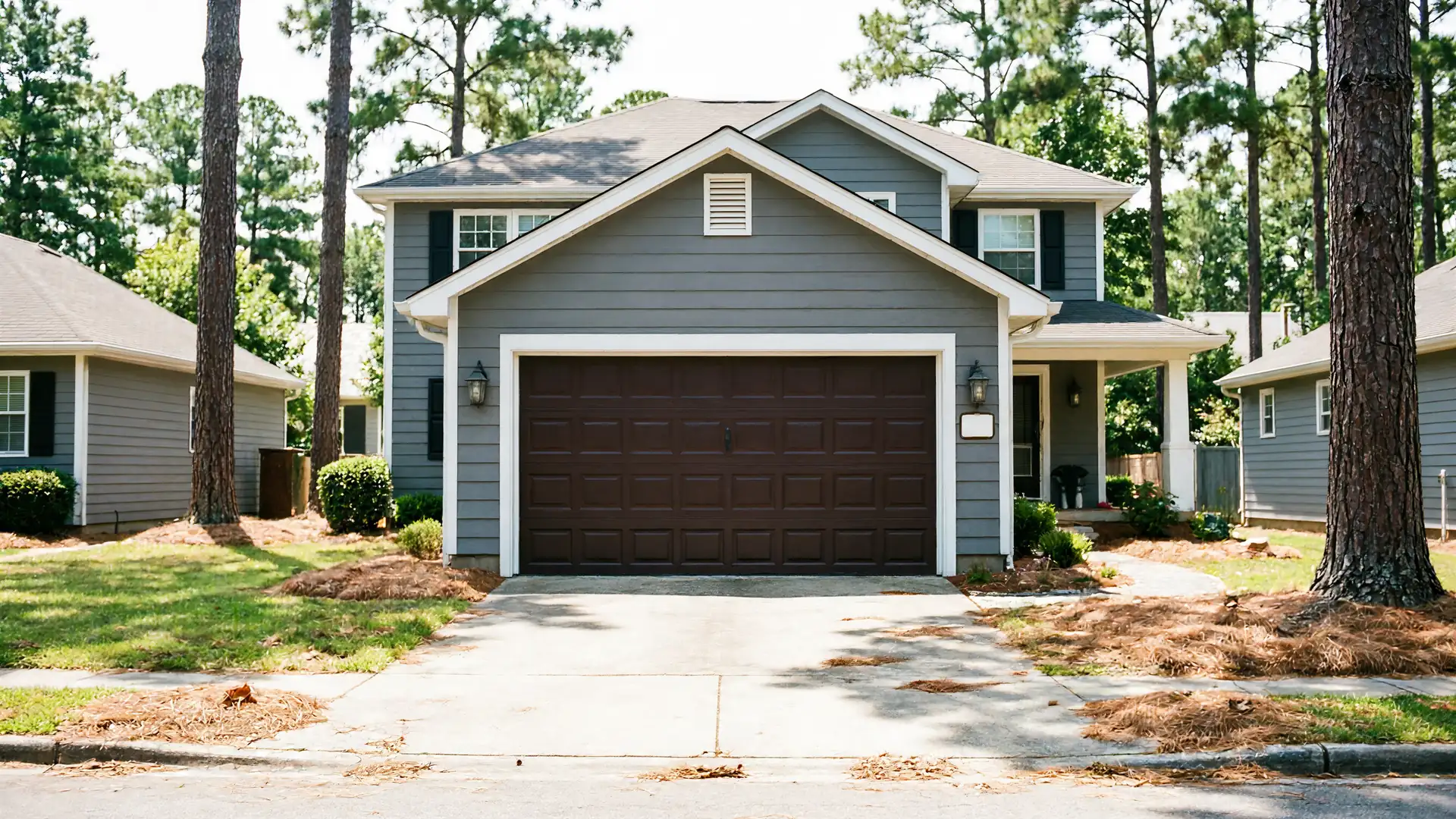 A gray house with a brown garage door and a driveway.