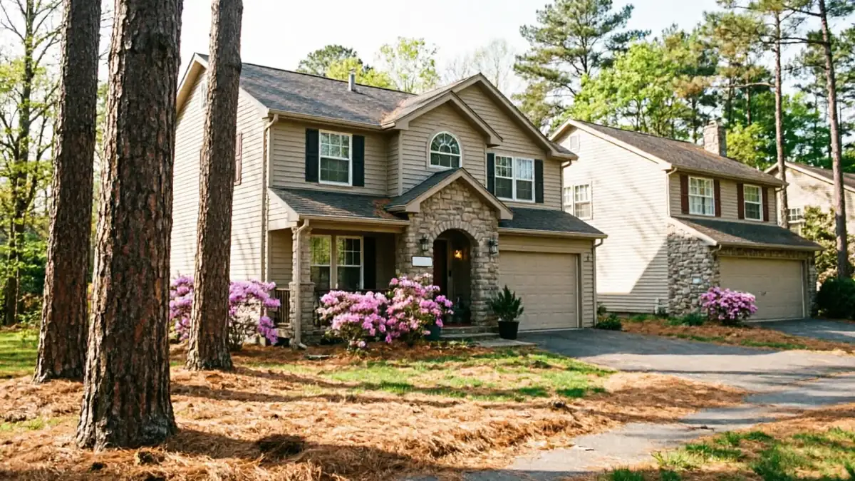 A two-story house with a tan garage door and stone archway is surrounded by trees.