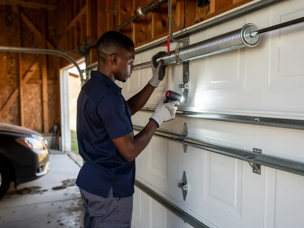 A technician inspects a garage door torsion spring with a flashlight.