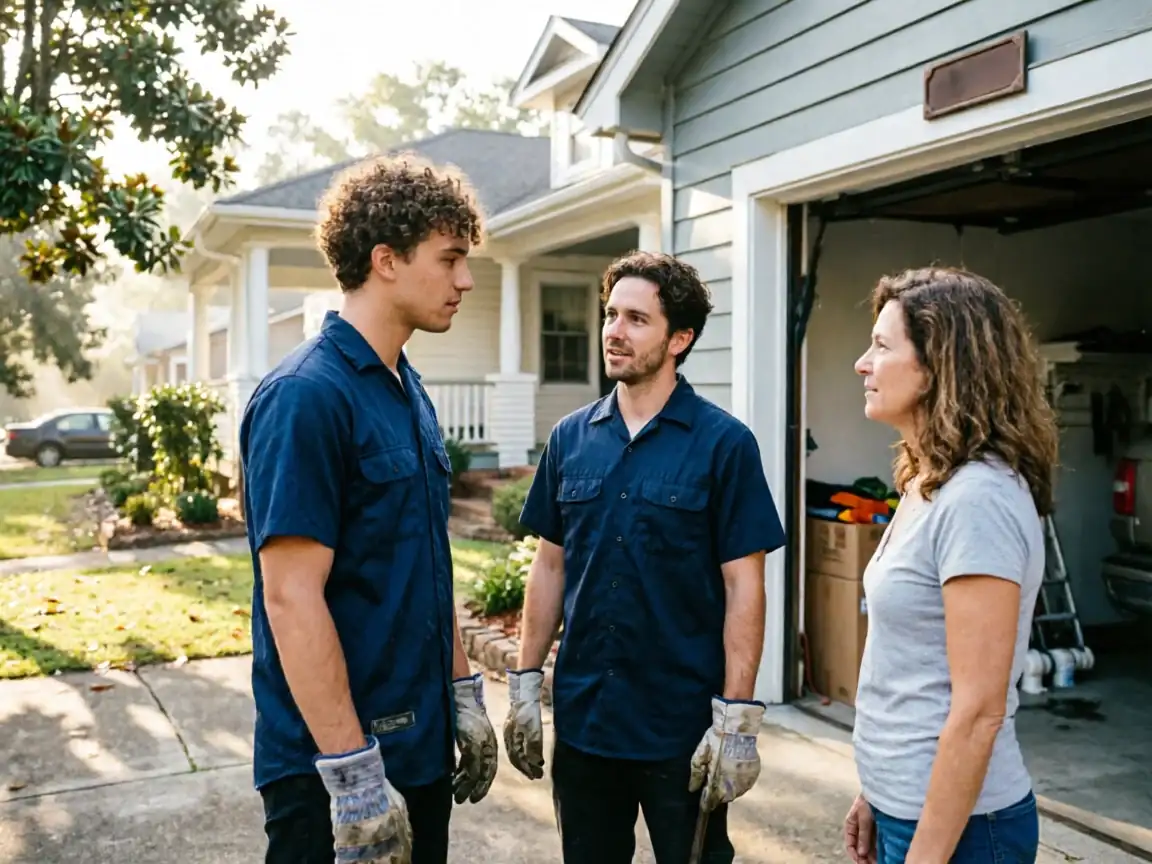 Two technicians in blue shirts talk with a woman in front of a house with an open garage.
