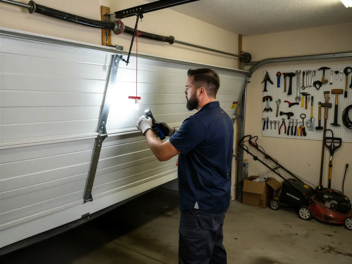 A technician shines a flashlight on the bottom panel of a white garage door.