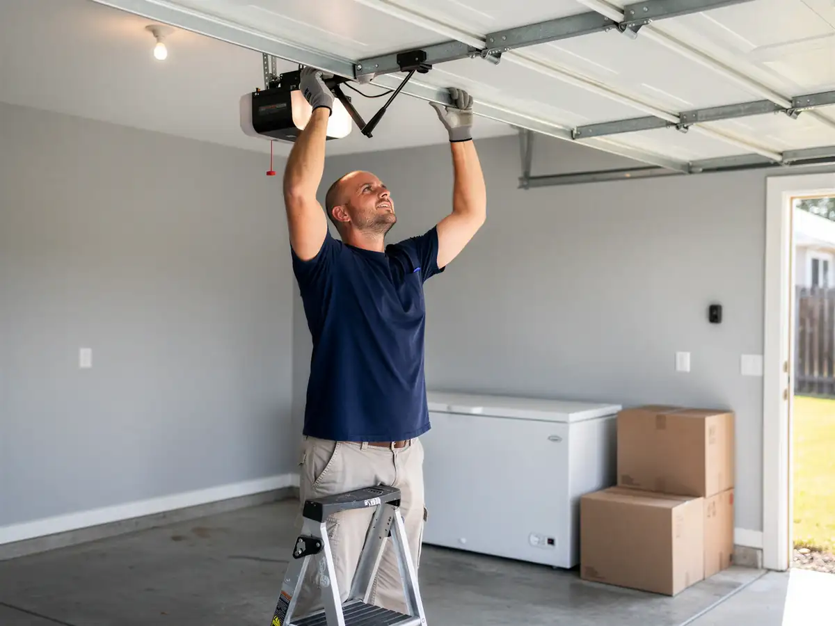 A technician on a ladder is installing a garage door opener.
