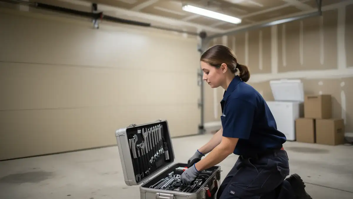 A technician kneels in a garage, looking into an open toolbox filled with tools.