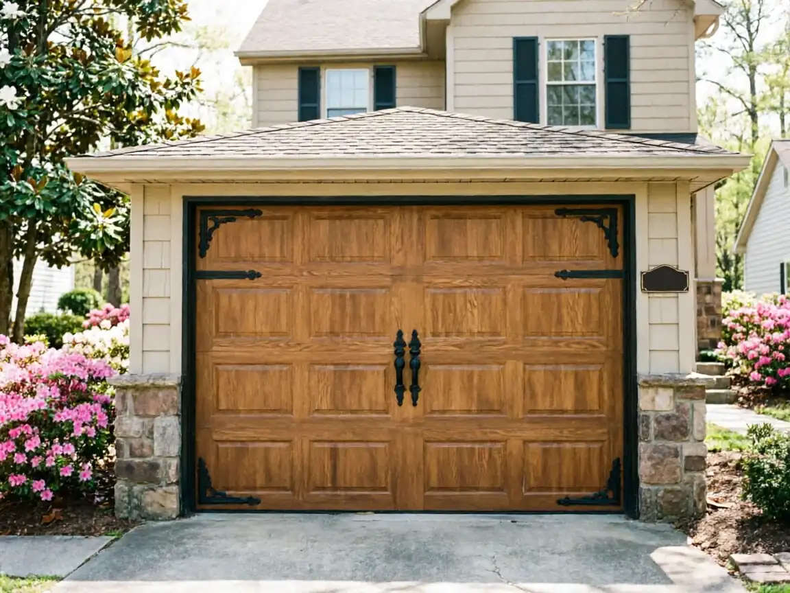 A brown wooden garage door with black decorative hardware is on a house.